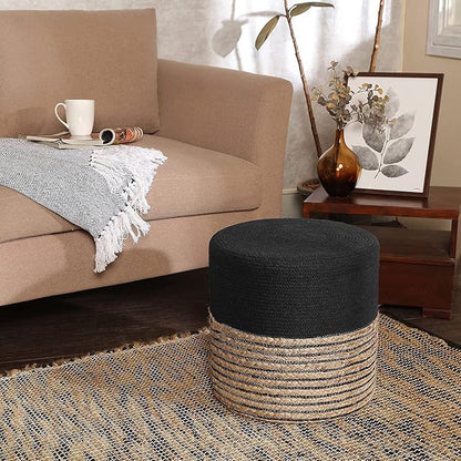 REDEARTH · Cylindrical Pouf Ottoman - Braided Pouffe Accent Sitting Round Footrest for Living Room, Bedroom, Nursery, kidsroom, Patio ; 70% Cotton 30% Jute, Set of 2 (14.5X14.5X16; Black Natural)