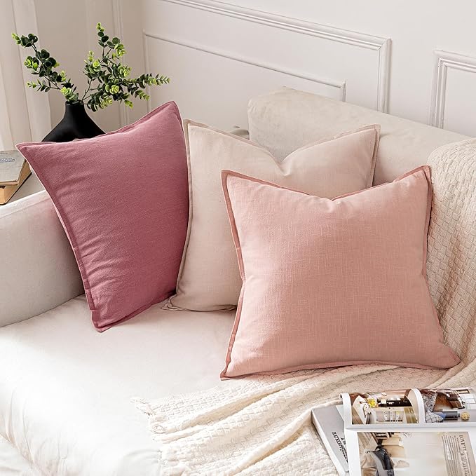 MIULEE Decorative Linen Euro Sham Pillow Covers 24x24 Pink Boho Farmhouse Neutral Valentine Spring Couch Throw Pillows for Bed Pack of 2 Accent Modern Pillowcase Sofa Livingroom Home Decor