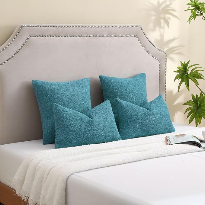 FUTEI Pack of 2 Teal Blue Decorative Throw Pillow Covers 24x24 Inch Soft Cozy Solid Boucle Textured European Cushion Case,Modern Home Decor for Couch Bed Living Room