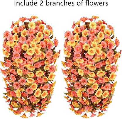HyeFlora Artificial Fake Fall Hanging Flowers Plants for Outdoor Decor, 2PCS Faux Silk Fall Morning Glory Trailing Vines UV Resistant Look Real for Autumn Home Planter Porch Patio (Orange+Yellow)