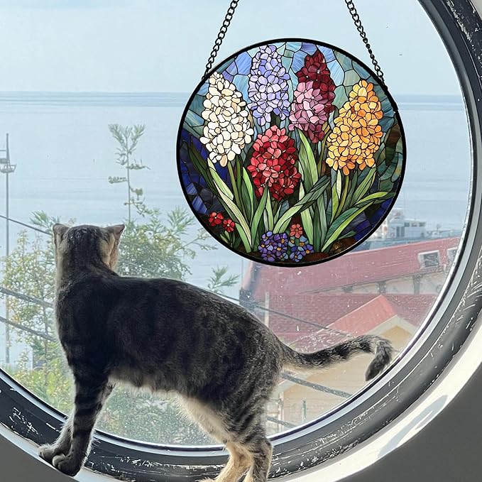 DASTOLL Stained Glass Window Hanging, Colorful Hyacinth Flowers Suncatcher for Doors Window Home Plant Sun Catchers Decoration Mother's Day Birthday Gifts for Women, Men, and Mom 9.8x9.8 in