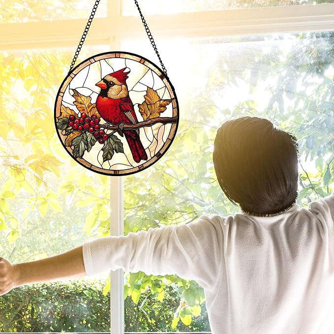 DASTOLL Stained Glass Window Hanging, Birds on a Branch Cardinal Sun Catchers Diamond Glass Panel Hangings Suncatcher Decor for Birthday for Women, Men, Wife, Aunt,and Mom 7.8X7.8IN