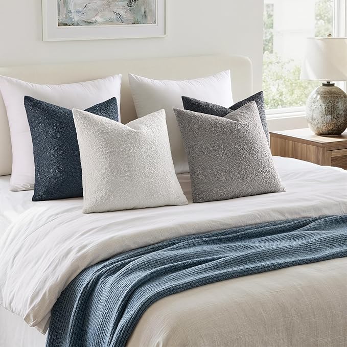 MIULEE Pack of 4 Decorative Textured Boucle Throw Pillow Covers 18x18 Inch Blue Gray Accent Solid Pillow Cases Soft Couch Cushion Covers for Modern Farmhouse Boho Chair Sofa Bed Livingroom Home Decor