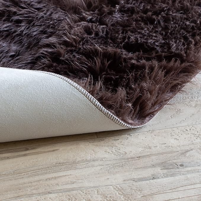 Super Area Rugs Ultra Soft & Fluffy Faux Sheepskin Rug, Dark Brown 6 x 9 Feet Carpet for Bedroom Living Room