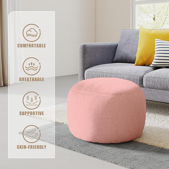 Round Stuffed Pouf Ottoman for Foot Rest, A Round Modern Foam Filled Poufs, Floor Chair for Living Room, Nursery, Dorm,Outdoor, A Soft Modern Foot Stool Perfect to Rest Your Feet (Pink, 20Inch)