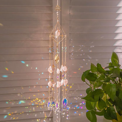 Rose Quartz Crystal Window Suncatcher, Healing Rose Quartz Crystal Decor for Home Garden, Gift for Christmas Birthday Valentine Mothers Day to Lover Parents Friends