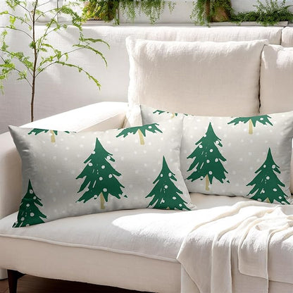 Christmas Tree Lumbar Pillow Covers 12x20 Set of 2 Green Beige Xmas Snow Pattern Rustic Decorative Outdoor Farmhouse Pillowcases Decorations Winter Holiday Throw Cushion Cover Decor for Couch Sofa Bed