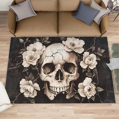 Skull Washable Rugs 5x8 Rug for Living Room, Floral 5x8 Rug Gothic Low-Pile Carpet for Bedroom Dining Non Slip Mat with Rubber Back