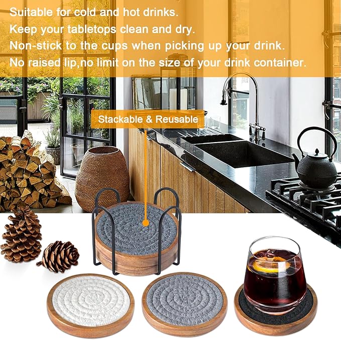Coasters for Drinks Absorbent Sets of 5, Woven Coasters with Holder, Housewarming Gift for Farmhouse Home Decor, 4 inches (Gray Series)