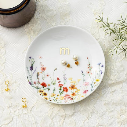 Crisky Initial Jewelry Ring Dish & Gift Box, Ceramic Flower Trinket Dish for Rings Earrings Necklaces, Bridal Shower/Bridesmaid/Engagement/Birthday Gifts for Women, Friends 4.57" (Gold Foil M