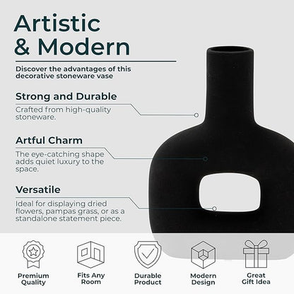 Sagebrook Home Modern Stoneware Vase - Matte Dolomite Decorative Accent for Home, Office & Living Room - Contemporary Minimalist Design - 8" Black