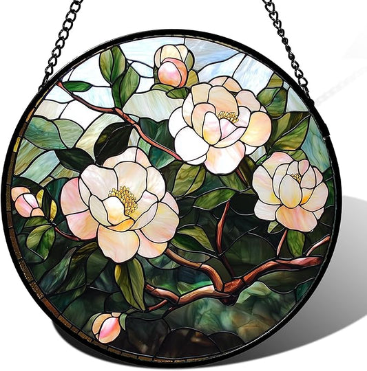 Stained Glass Suncatcher, Light Pink Flowers Green Leaf Sun Catcher Plant Stain Glass Window Hanging Decoration Mother's Day Birthday Gifts for Women Men Mom Nana 7.8 in