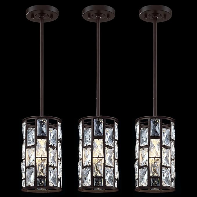 Doraimi Lighting 3 Pack 1 Light Hanging Kitchen Island 5.5" Crystal Modern Pendant Light Fixture,Brushed Nickel Finish with Crystal Shade for Bar,Dining Room,Corridor,Living Room Over Sink