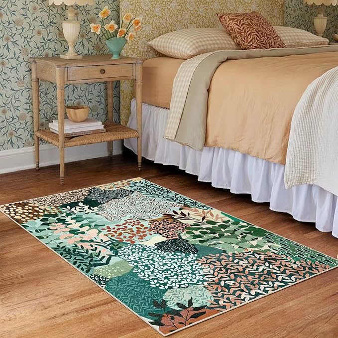 DEXDE 2x3 Area Rug, Small Boho Rugs Entryway Doormat Indoor Machine Washable Non-Slip Abstract Botanical Leaves Floral Print Floor Carpet for Living Room Bedroom Office Playroom, Dark Green