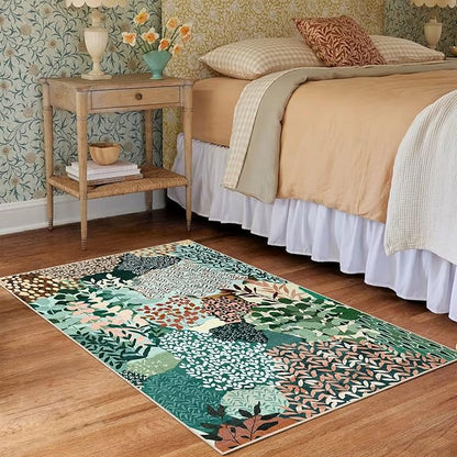DEXDE 2x3 Area Rug, Small Boho Rugs Entryway Doormat Indoor Machine Washable Non-Slip Abstract Botanical Leaves Floral Print Floor Carpet for Living Room Bedroom Office Playroom, Dark Green