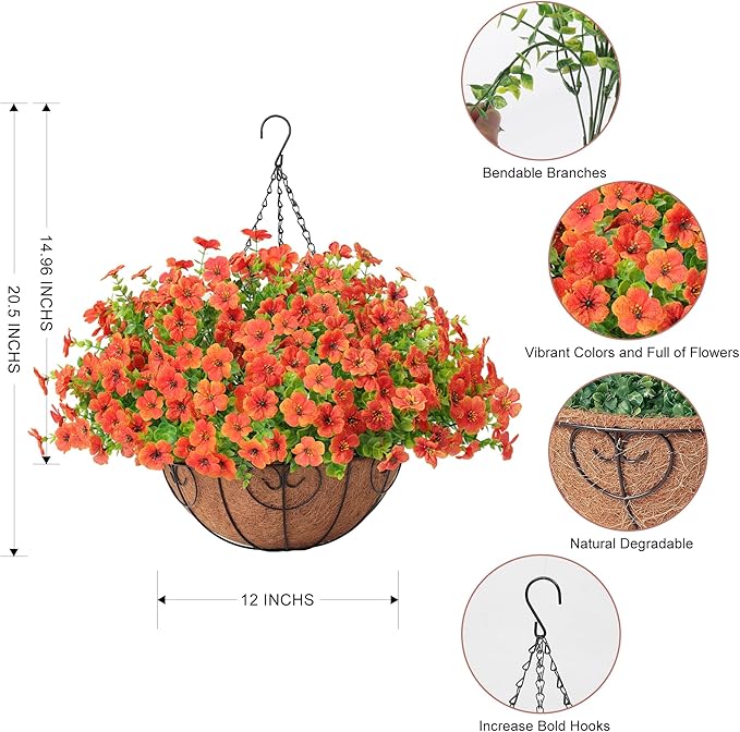 Artificial Fake Hanging Plants Flowers Basket Outdoors Summer Autumn Decor, Hanging Planter with Faux Silk Daisy Flowers Realistic UV Resistant for Outside Home Porch Front Patio Balcony Garden Orange