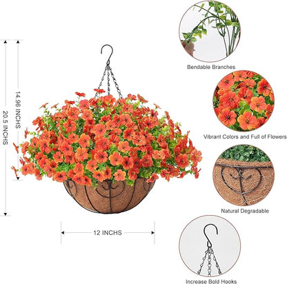 Artificial Fake Hanging Plants Flowers Basket Outdoors Summer Autumn Decor, Hanging Planter with Faux Silk Daisy Flowers Realistic UV Resistant for Outside Home Porch Front Patio Balcony Garden Orange