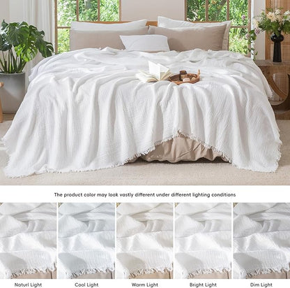 MooMee Muslin Blanket - 100% Cotton 4-Layer Gauze Throw Blanket with All-Around Fringe, Ultra-Soft Breathable Lightweight Cooling Decorative for Bed, Sofa & Couch (Bright White,Twin XL 66" x 90")