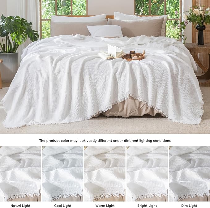 MooMee Muslin Blanket - 100% Cotton 4-Layer Gauze Throw Blanket with All-Around Fringe, Ultra-Soft Breathable Lightweight Cooling Decorative for Bed, Sofa & Couch (Bright White,Throw XL 50" x 70")