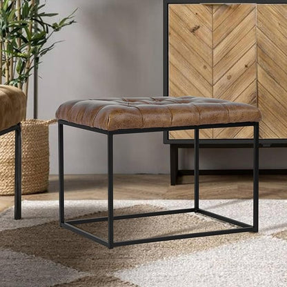 HomePop Home Decor | Upholstered Tufted Faux Leather Ottoman Bench| Ottoman Bench for Living Room & Bedroom | Decorative Home Furniture (Distressed Brown Faux Leather) Small