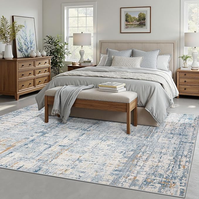 5x7 Area Rugs for Bedroom Living Room,Non-Slip Washable Rug, Modern Abstract Blue Rugs for Dining Room, Foldable Thin Indoor Carpet Stain Resistant(Blue Beige)