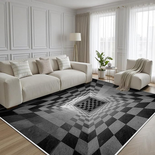 3D Rug 7x10, Plaid Soft Ultra Soft Faux Wool Low Pile Optical Illusion Rug, Indoor Floor Mats Abstract Geometric Carpet, Non-Slip Stain Resistant Washable Rugs, Modern Gray Rugs for Living Room