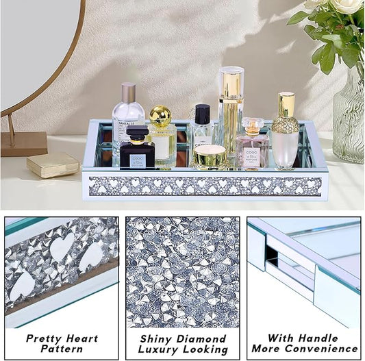 Crush Diamond Mirror Perfume Tray, Silver Glass Mirror Trays for Vanity, Heart Pattern Table Trays Decorative, Vanity Trays for Bedroom Dresser Bathroom(15”x11”x2”)