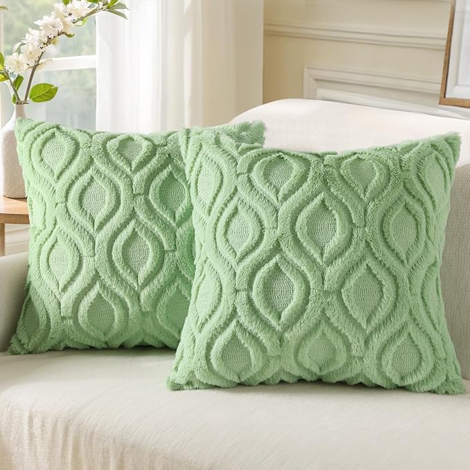 decorUhome Spring Throw Pillow Covers 16x16 Inch Set of 2, Soft Plush Faux Wool Sage Green Solid Couch Pillow Covers, Accent Farmhouse Neutral Square Pillow Cases for Sofa Bed Living Room