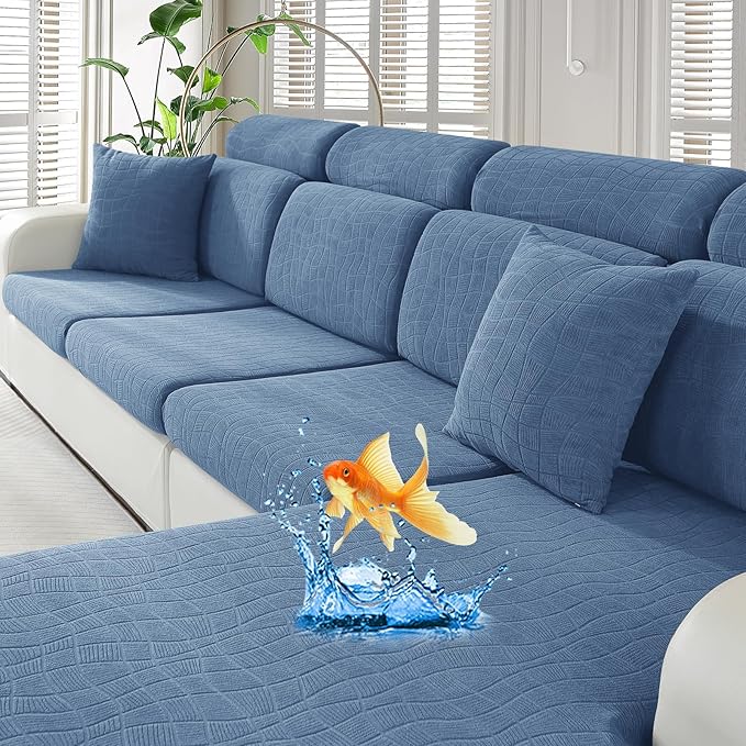 MAXIJIN Waterproof Couch Cushion Covers Stretch Sofa Seat Slipcovers Washable，Sectional Outdoor Cushion Covers with Elastic Bottom for Dogs Pets Kids (1 Pc Cushion Cover, Dusty Blue)