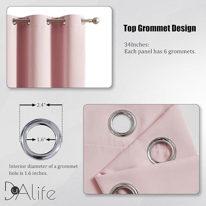 DUALIFE 80 Inch Privacy Curtains 2 Panels - Room Darkening Drapes for Girls Bedroom Thermal Insulated Grommet Curtain Panel Pair 34 x 80 Inches Long Baby Pink