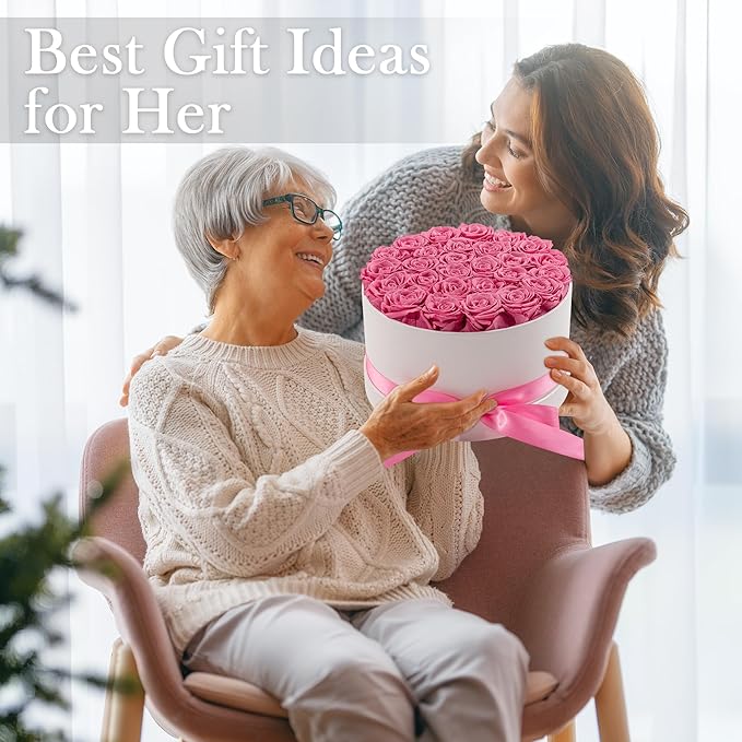 27 Forever Roses in Luxury White Box, Eternal Real Roses Birthday Gifts for Women, Preserved Flowers for Delivery Prime, Anniversary, Valentine's Day, Mothers Day for Mom (Pink)