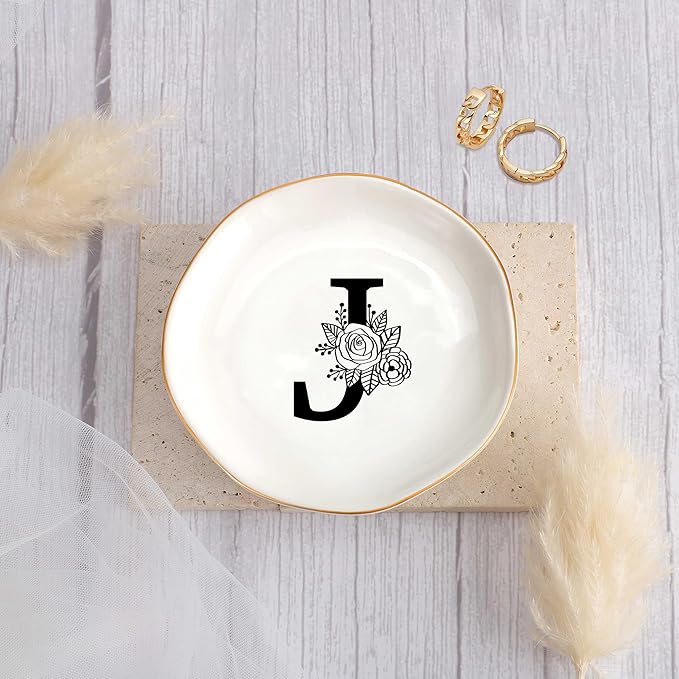 JoycuFF Initial J Ceramic Jewelry Tray, Bridesmaid Bride Gifts, Best Friend Mom Grandma Sister Engagement Birthday Gifts for Women, Trinket Dish for Rings Earrings Necklaces Bracelets Keys
