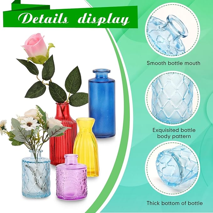Yaomiao 60 Pcs Vases Bulk Colored Flower Glass Christmas Vases Bud Vintage Colored Glass Bottles Colorful Rustic Embossed for Home Wedding Table Decorations Gifts(Vivid Color)