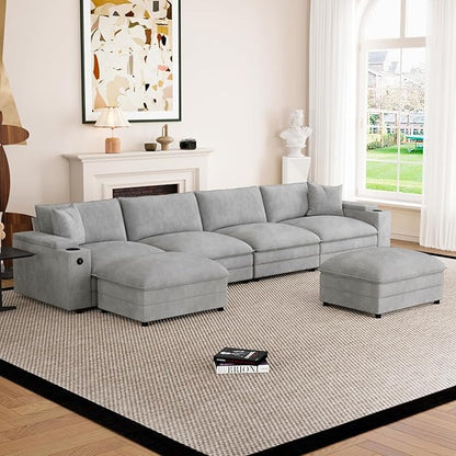 148.7" U Shaped Cloud Sofa Couch with Ottoman, Storage Armrest, Cup Holders, USB & Type-C Ports, Spring Cushions, Solid Wood Frame, Chenille Modular Sectional for Living Room (Light gray-U-148.7")