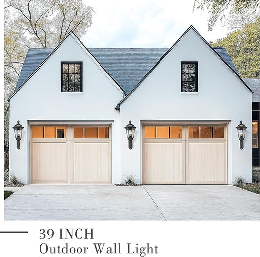 Emliviar Farmhouse 39 Inch Exterior Wall Light Fixture, 3-Light Outdoor Porch Light Wall Mount in Black Finish, Water Ripple Glass, E12, XE304B BK-SW