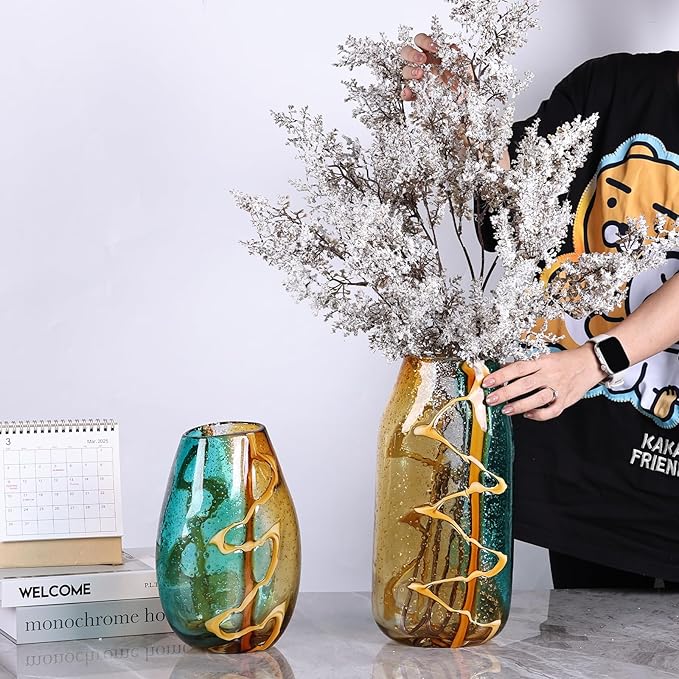 Teal Glass Vase,Hand Blown Green Flower Bulk,Murano Glass Vases,Unique Table Decor, Flowers with Decorative,Teal Vase Decor,for Bookshelf,Living Room,Office,Gift (M)