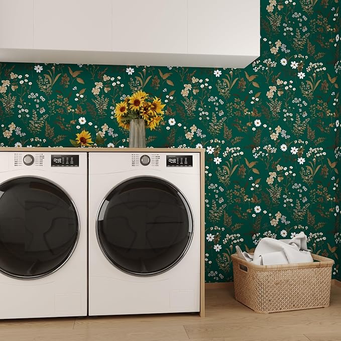 Dark Floral Wallpaper Peel and Stick 17.5in x 118in Vintage Green Gold Leaf Wallpaper Vinyl Waterproof Self-Adhesive Boho Botanical Wall Paper Mural for Cabinet Bookcase Bedroom Decor