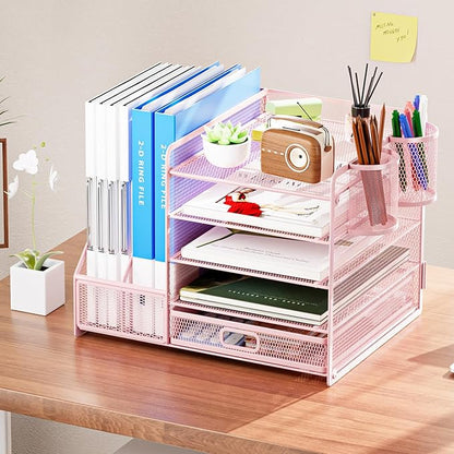 Marbrasse Desk Organizer with File Holder, 5-Tier Paper Letter Tray Organizer with Drawer and 2 Pen Holder, Mesh Desktop Organizer and Storage with Magazine Holder for Office Supplies(Pink)