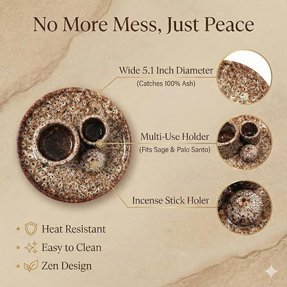 Palo Santo Sticks Holder, Multi-Purpose Handmade Ceramic Incense Burner for Palo Santo Incense Sticks, Sage Holder for Burning, Ash Catcher Tray for Meditation Yoga Room-Brown White