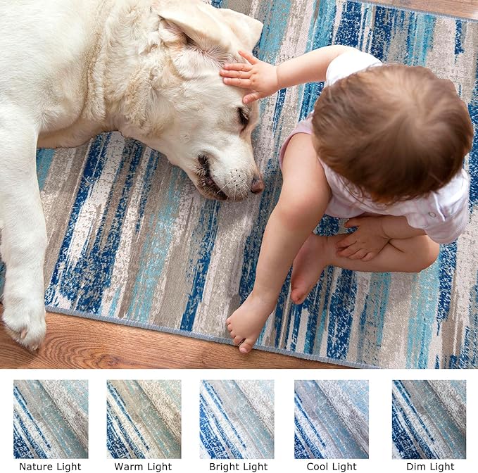 Modern Abstract 5x7 Machine Washable Area Rug Non-Slip Soft Bedroom Living Romm Rug Blue Ultra Thin Print Faux Wool Floor Carpet Throw Rugs for Nursery Playroom Dining Room Indoor Office