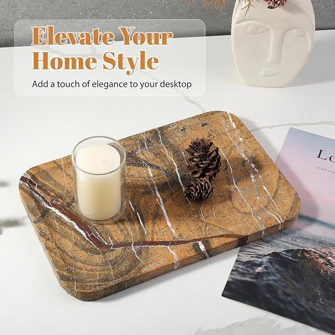 Koville Marble Tray, 12"x8" Marble Vanity Tray for Bathroom Kitchen Countertop, Rectangular Stone Tray for Cosmetics Perfume Trinket, Decorative Catchall Trays (Rainforest Gold)