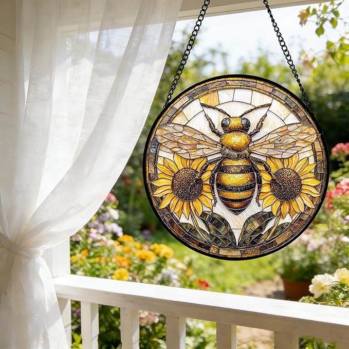 DASTOLL Stained Glass Window Hanging - Bee Sunflower Yellow Suncatcher Ready to Hang Window Doors Home Decoration and Christmas, Mother's Day Birthday Gifts for Women, Men, and Mom 6.3x6.3 in