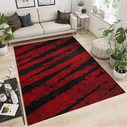 Red Black Retro Tabby Pattern Texture Area Rug, Modern Abstract Print Large Rugs, Indoor Non-Slip Kids Rugs, Machine Washable Breathable Durable Carpet for Front Entrance Floor Decor,5 x 6ft