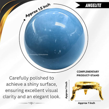 Amazing Gemstone Angelite Crystal Ball with Stand - 1.5" Inches Crystal Sphere Meditation Balls for Witchcraft and Decorative Balls