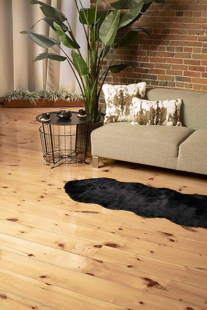 Luxe Gordon Faux Fur Rug with Soft and Fluffy Pile | Machine Washable Living Room Rug with Anti-Slip Backing | Cruelty-Free Area Rugs for Office or Bedroom, Black, 2 ft x 6 ft