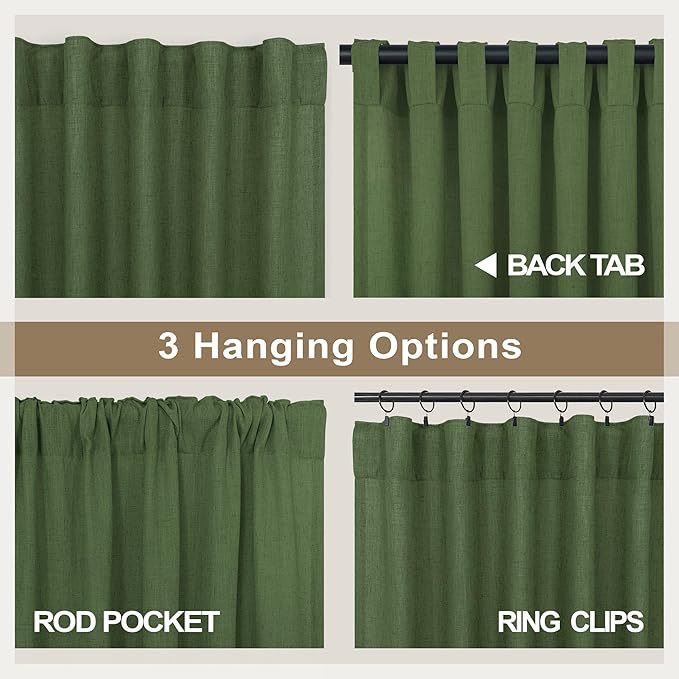 Pitalk Olive Green Curtains 90 Inch Length for Dining Room 2 Panel Set Back Tab Pocket Linen Sheer Boho Farmhouse Decoration Light Green Curtain for Boys Bedroom Baby Teen Toddler Playroom 7.5 FT Long