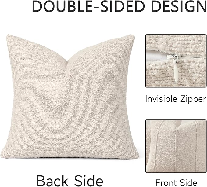 YCOLL Textured Boucle Throw Pillow Covers 24x24 Pack of 2 - Soft Neutral Striped Cushion Covers, Cozy Accent Decorative Pillow Covers for Couch, Sofa, Bed, Living Room (Beige)