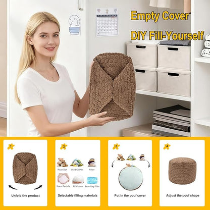 Unstuffed Ottoman Pouf Cover – Round Faux Fur Footstool Plush Floor Pouf (No Filler Included) Perfect for Living Room, Bedroom, or Office Lounge (Coffee, 20x20x15 in)