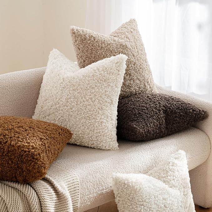MIULEE Pack of 2 Throw Pillow Covers 24x24 Inch Neutral Light Beige Faux Fur Decorative Sherpa Pillow Covers Fuzzy Accent Soft Sheepskin Fleece Cushion Cases for Boho Home Decor Couch Living Room Bed
