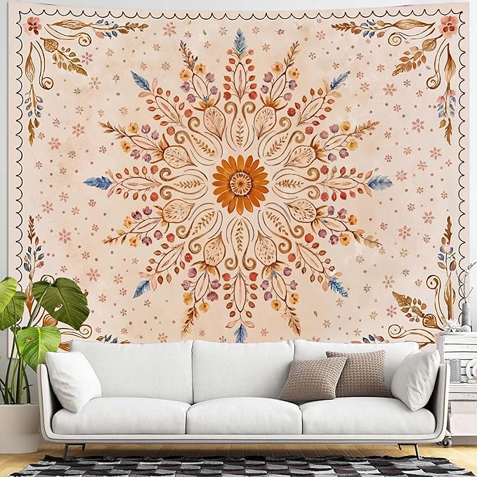 Fowocu Boho Floral Mandala Tapestry for Bedroom Aesthetic Watercolor Bohemian Flower Wall Tapestry Brown Beige Hippie Indian Extra Large Tapestries Wall Hanging for Living Room Dorm Decor 90 x 68 Inch